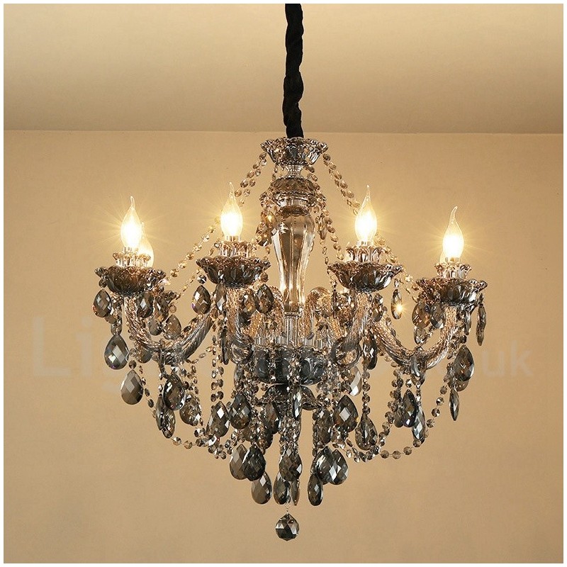 Lampadario a candela in cristallo K9 grigio retrò 8 luci
