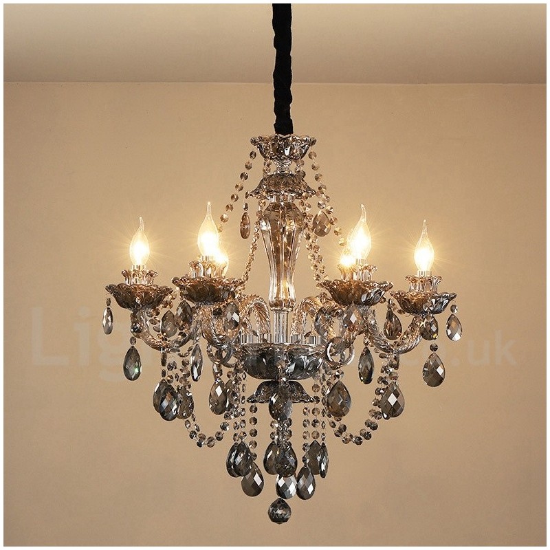 Lampadario in cristallo K9 grigio retrò a candela a 6 luci
