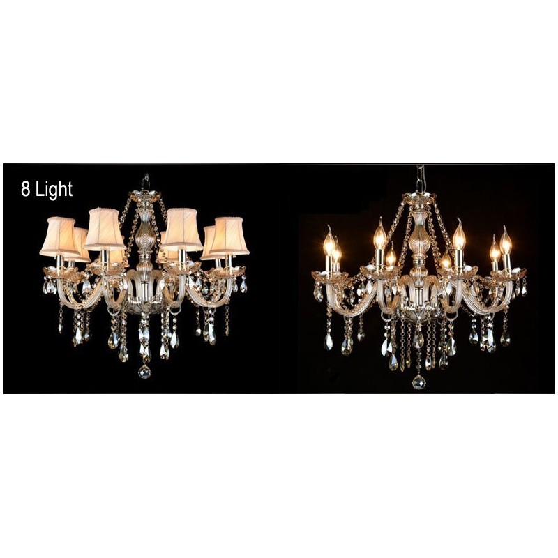 Lampadario grande in cristallo K9 con paralumi color cognac