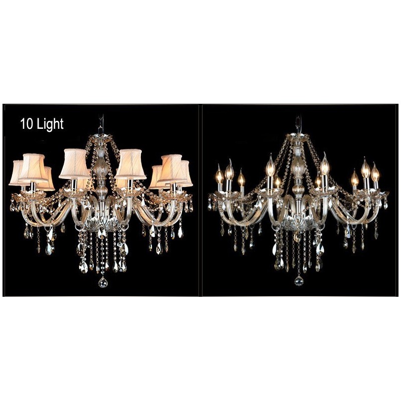Lampadario grande in cristallo K9 con paralumi color cognac
