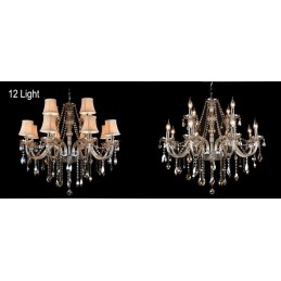 Lampadario grande in cristallo K9 con paralumi color cognac
