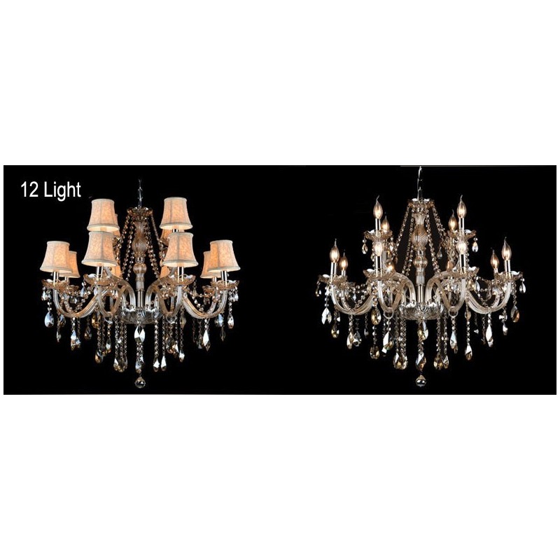 Lampadario grande in cristallo K9 con paralumi color cognac
