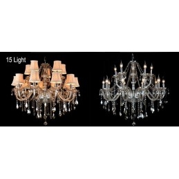 Lampadario grande in cristallo K9 con paralumi color cognac