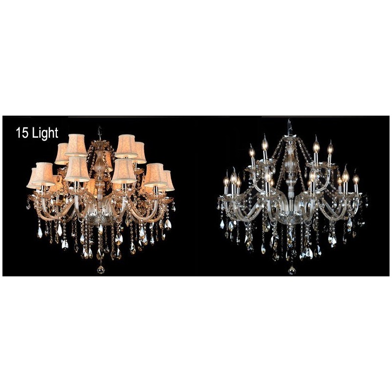 Lampadario grande in cristallo K9 con paralumi color cognac