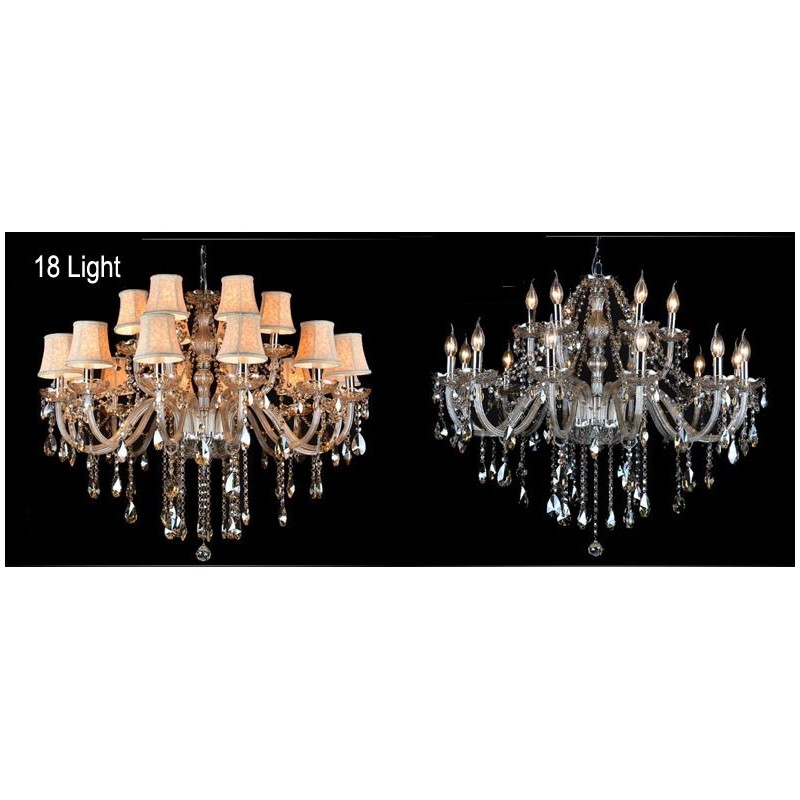 Lampadario grande in cristallo K9 con paralumi color cognac
