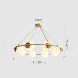 Lampadario rotondo rustico in ottone con paralumi bianchi e LED integrato