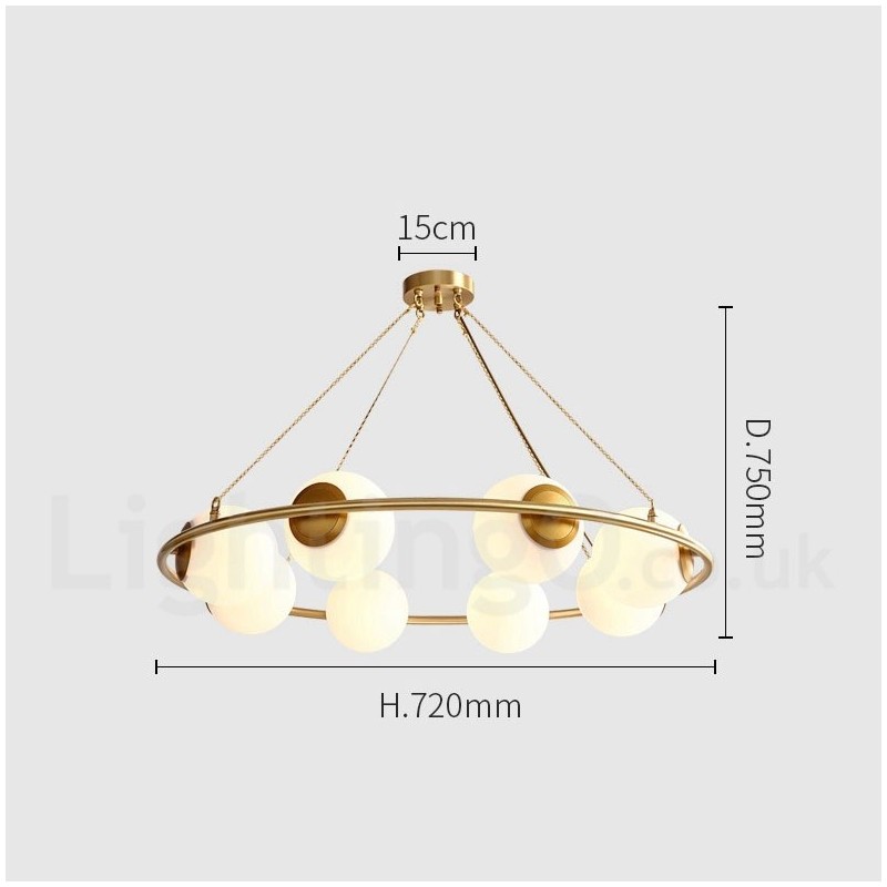 Lampadario rotondo rustico in ottone con paralumi bianchi e LED integrato