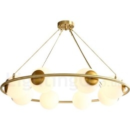 Lampadario rotondo rustico in ottone con paralumi bianchi e LED integrato