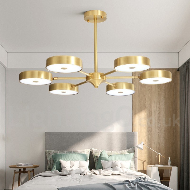 Lampadario rustico in ottone con paralumi in acrilico, LED integrato, 5 luci 73 x 41 cm