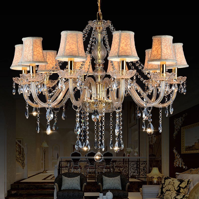 Lampadario di cristallo K9 grande con paralumi color oro