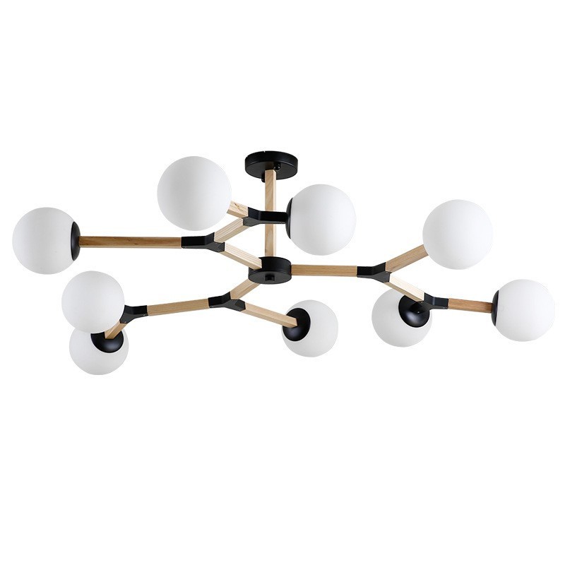 Lampadario molecolare moderno nordico in legno Magic Bean Wood con paralumi in vetro