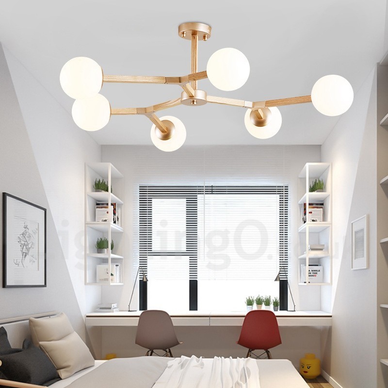 Lampadario molecolare moderno nordico in legno Magic Bean Wood con paralumi in vetro
