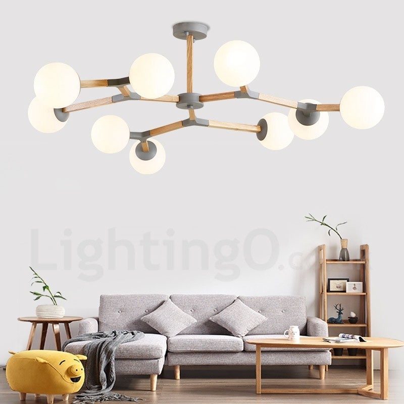 Lampadario molecolare moderno nordico in legno Magic Bean Wood con paralumi in vetro