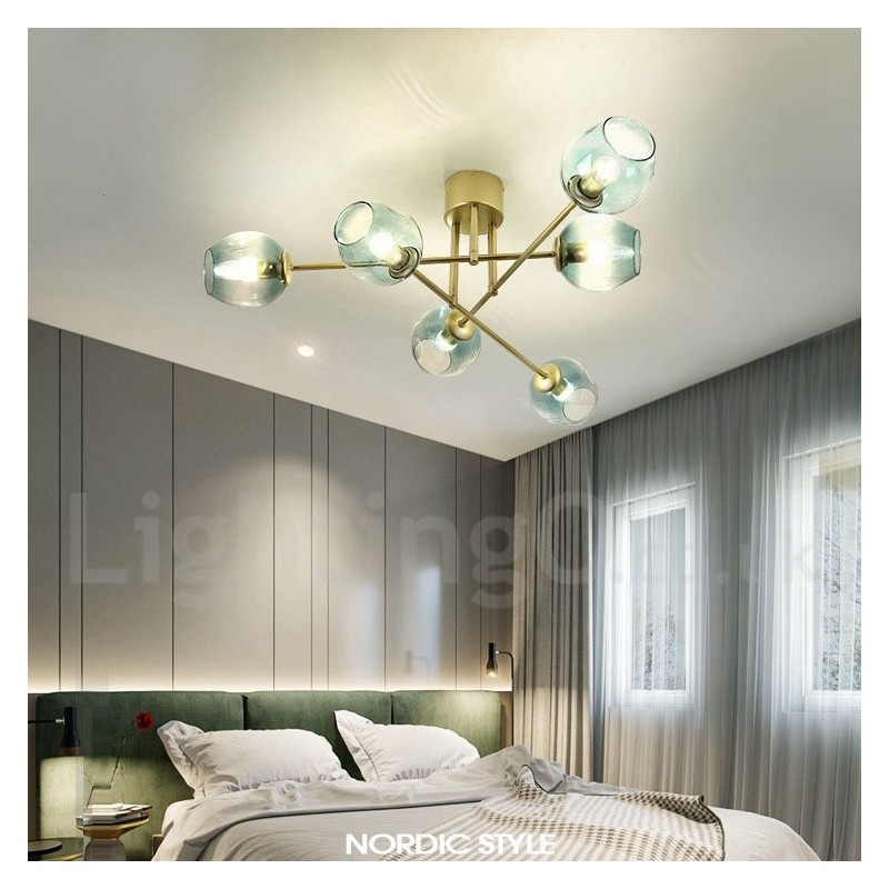 Lampadario rustico in acciaio inossidabile 6 luci con paralumi in vetro trasparente o blu