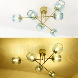 Lampadario rustico in acciaio inossidabile 6 luci con paralumi in vetro trasparente o blu