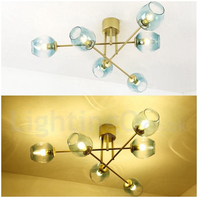 Lampadario rustico in acciaio inossidabile 6 luci con paralumi in vetro trasparente o blu