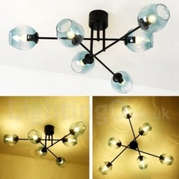 Lampadario rustico in acciaio inossidabile 6 luci con paralumi in vetro trasparente o blu