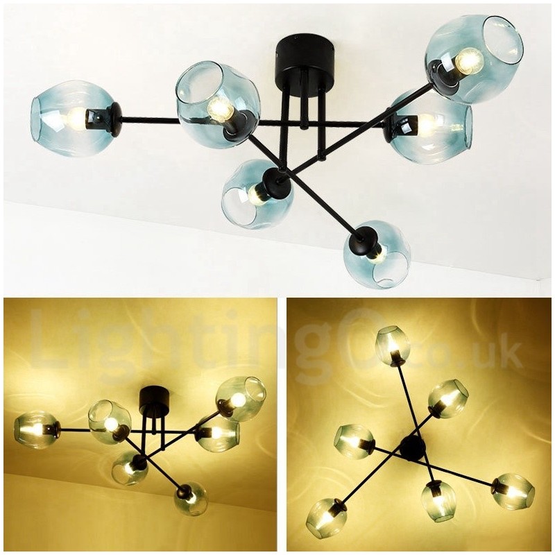 Lampadario rustico in acciaio inossidabile 6 luci con paralumi in vetro trasparente o blu