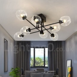 Lampadario rustico a 8 luci in acciaio inossidabile con paralumi in vetro trasparente o blu