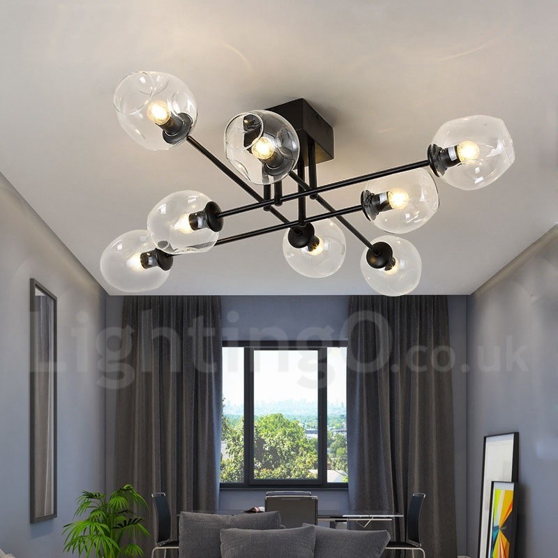 Lampadario rustico a 8 luci in acciaio inossidabile con paralumi in vetro trasparente o blu
