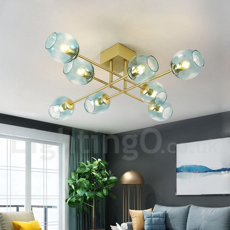 Lampadario rustico a 8 luci in acciaio inossidabile con paralumi in vetro trasparente o blu