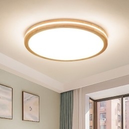 Plafoniera rotonda in legno dimmerabile con lente, paralume in acrilico e telecomando, anche applique