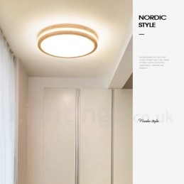 Plafoniera rotonda in legno dimmerabile con lente, paralume in acrilico e telecomando, anche applique