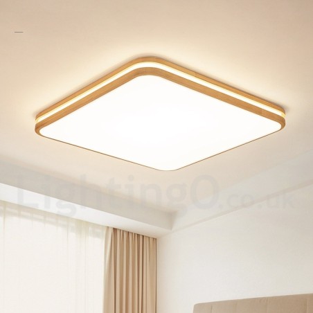 Lampada da soffitto quadrata in legno con lente LED, paralume in acrilico e telecomando, anche applique