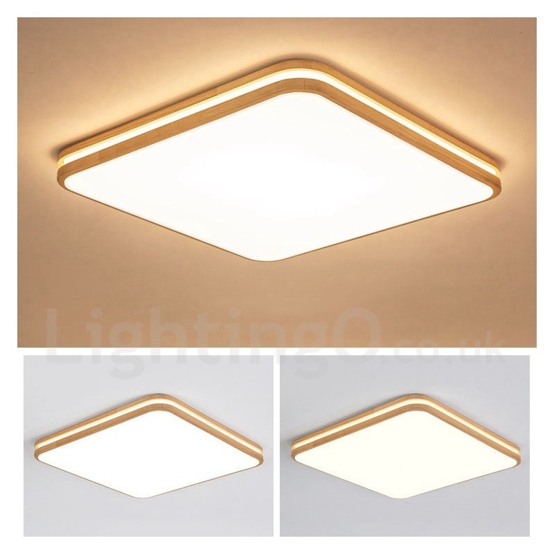 Lampada da soffitto quadrata in legno con lente LED, paralume in acrilico e telecomando, anche applique