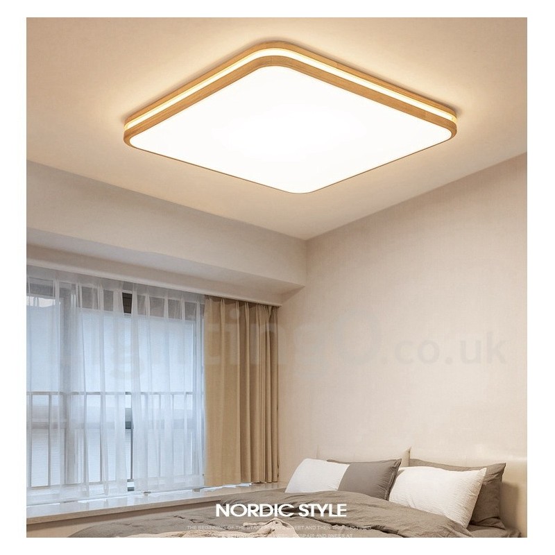Lampada da soffitto quadrata in legno con lente LED, paralume in acrilico e telecomando, anche applique
