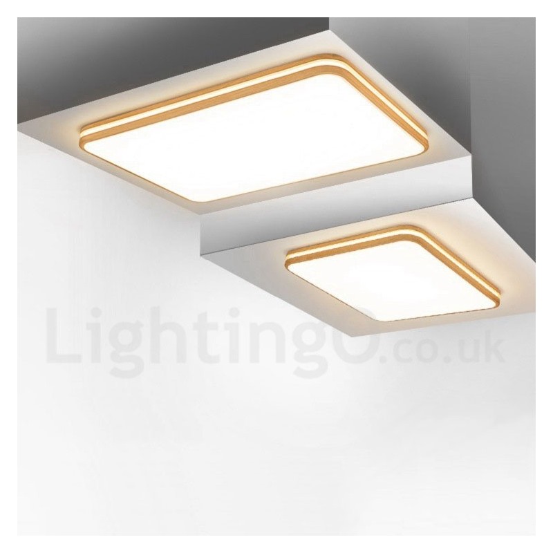 Lampada da soffitto quadrata in legno con lente LED, paralume in acrilico e telecomando, anche applique
