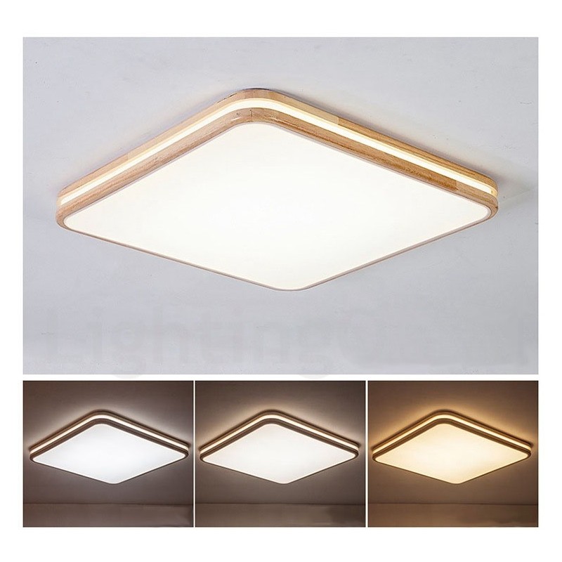 Lampada da soffitto quadrata in legno con lente LED, paralume in acrilico e telecomando, anche applique