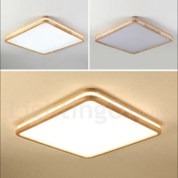 Lampada da soffitto quadrata in legno con lente LED, paralume in acrilico e telecomando, anche applique