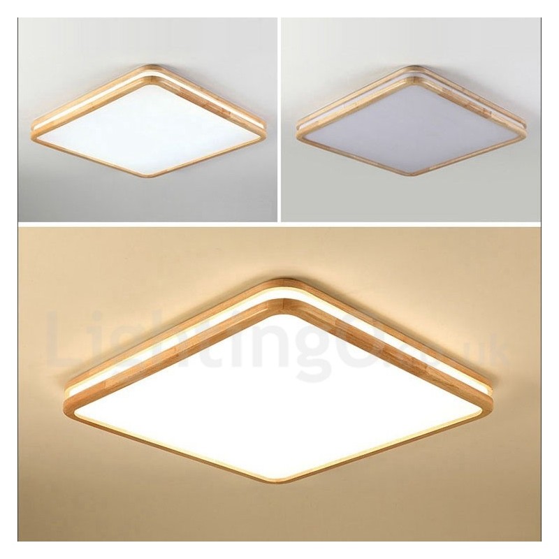 Lampada da soffitto quadrata in legno con lente LED, paralume in acrilico e telecomando, anche applique