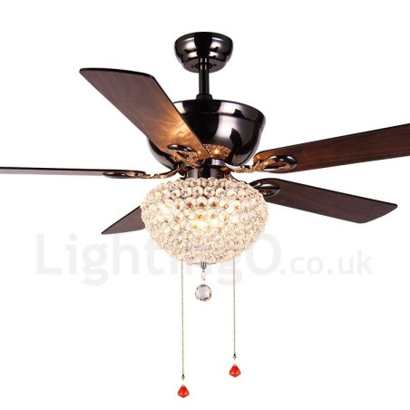 Ventilatore da soffitto retrò in legno 132 cm (52") con telecomando, paralume in cristallo, motore in rame