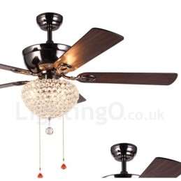 Ventilatore da soffitto retrò in legno 132 cm (52") con telecomando, paralume in cristallo, motore in rame