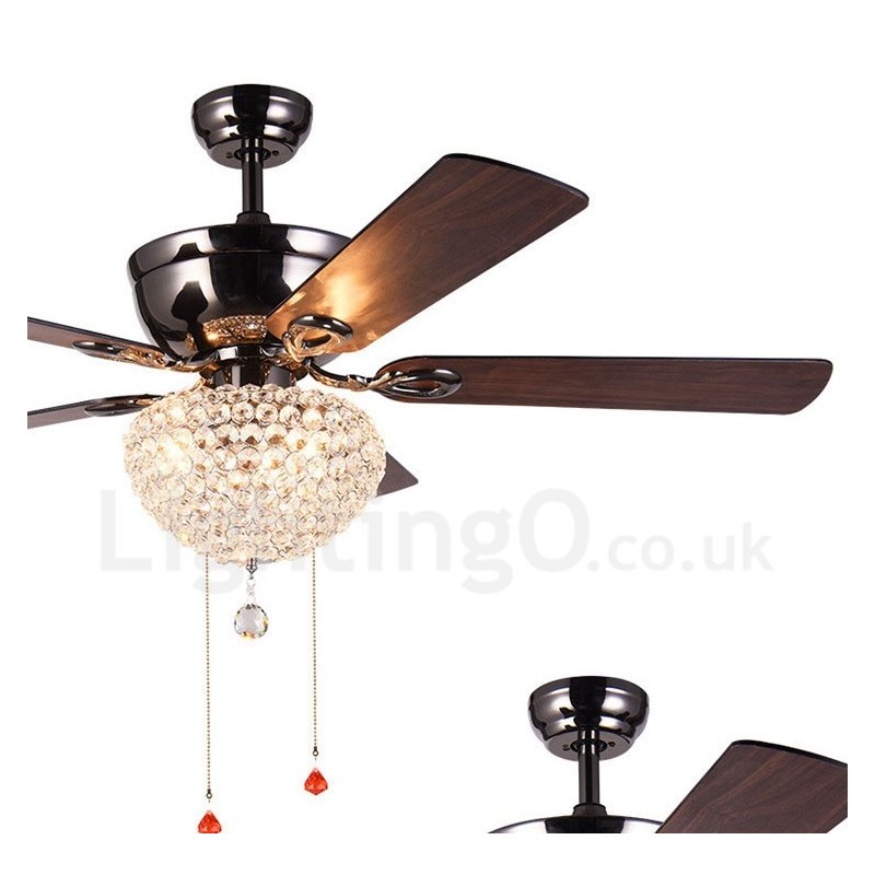Ventilatore da soffitto retrò in legno 132 cm (52") con telecomando, paralume in cristallo, motore in rame