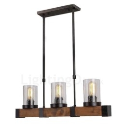 Lampadario a sospensione lineare in legno vintage a 3 luci stile industriale e loft