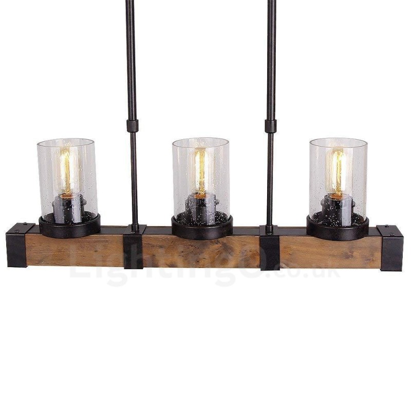 Lampadario a sospensione lineare in legno vintage a 3 luci stile industriale e loft