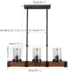Lampadario a sospensione lineare in legno vintage a 3 luci stile industriale e loft