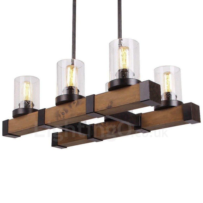 Lampadario a sospensione in legno vintage industriale loft a 6 luci lineare