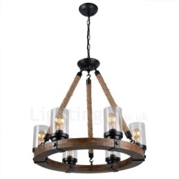Lampadario lineare in legno vintage a 6 luci stile industriale loft