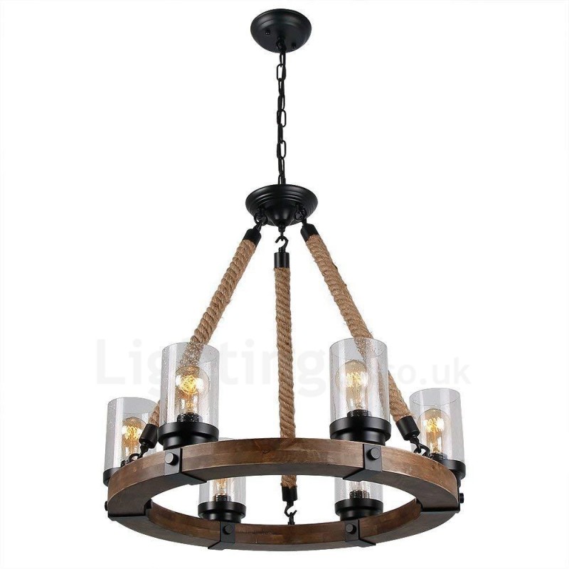 Lampadario lineare in legno vintage a 6 luci stile industriale loft