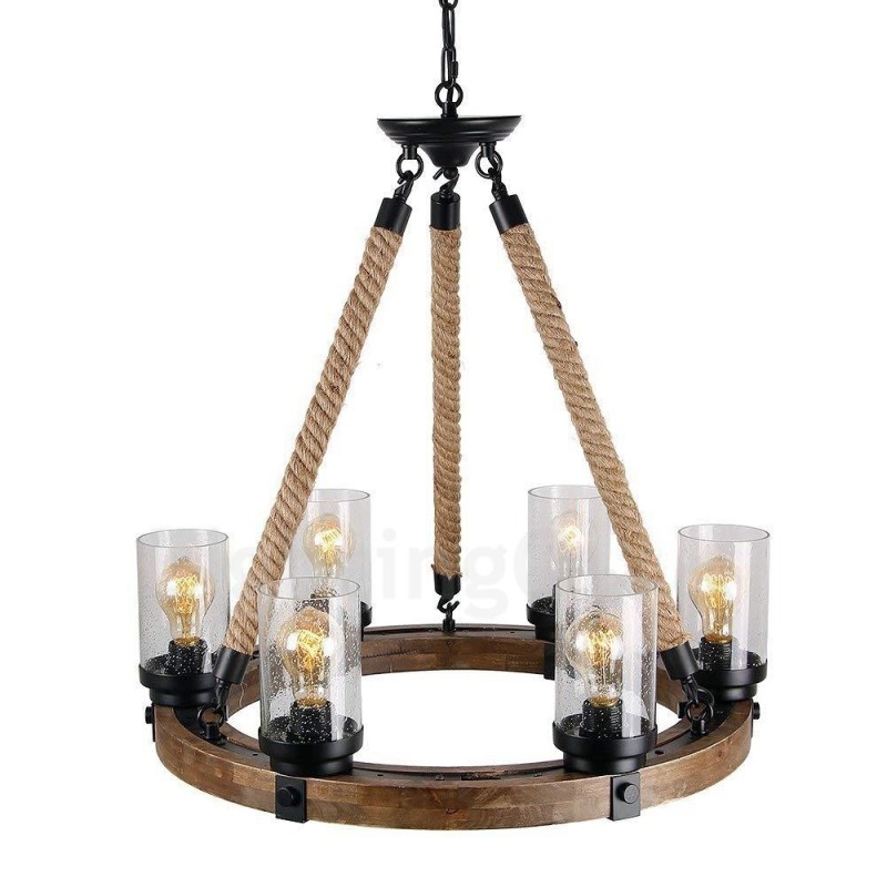 Lampadario lineare in legno vintage a 6 luci stile industriale loft