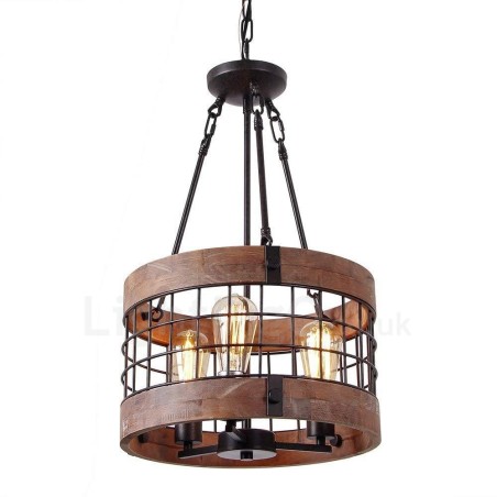Lampadario in legno vintage a tamburo a 3 luci stile industriale loft