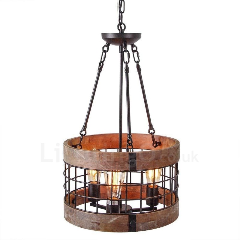 Lampadario in legno vintage a tamburo a 3 luci stile industriale loft