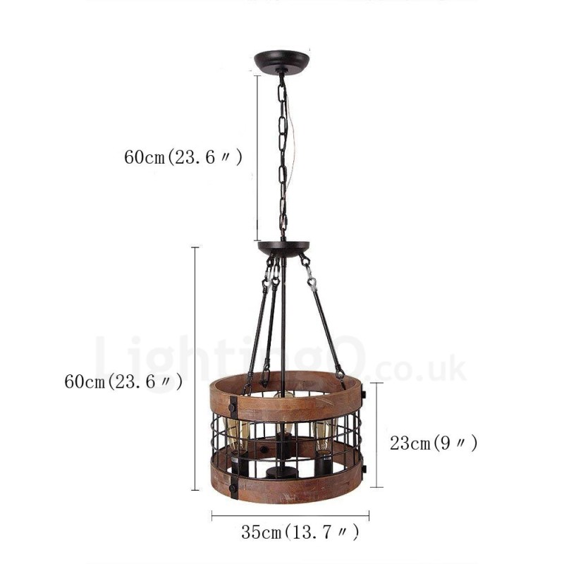 Lampadario in legno vintage a tamburo a 3 luci stile industriale loft