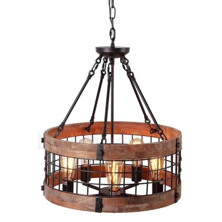 Lampadario a tamburo in legno vintage a 5 luci stile industriale loft