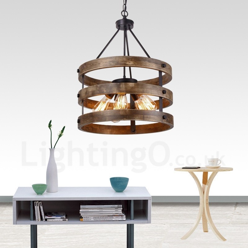 Lampadario in legno vintage a tamburo 5 luci stile industriale loft