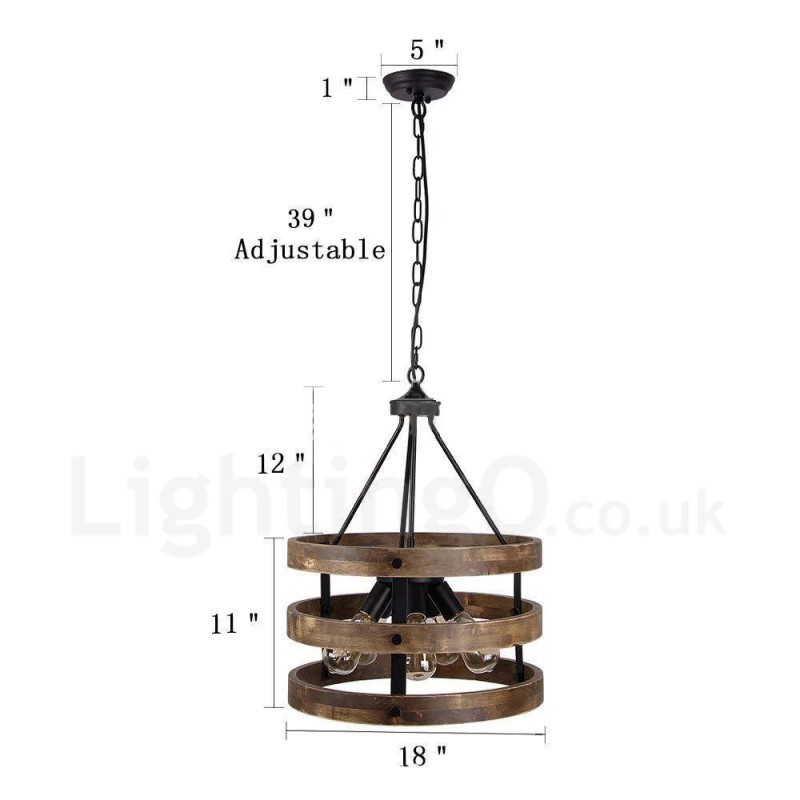 Lampadario in legno vintage a tamburo 5 luci stile industriale loft